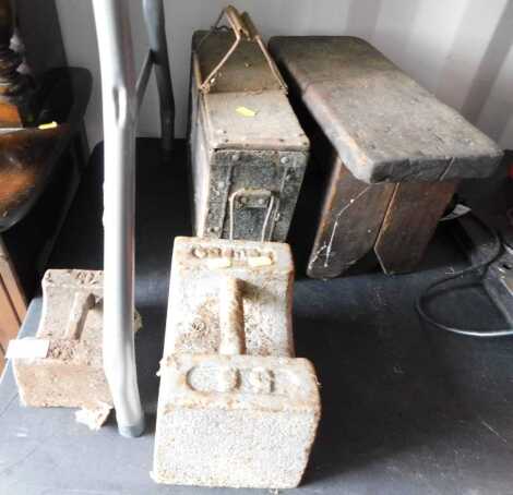 Two cast iron weights, together with an ammunition box, etc. (a quantity)