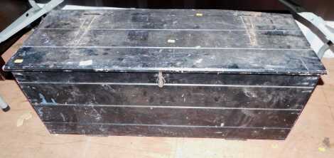 A painted pine tool chest, 42cm high, 102cm wide, 38cm deep, containing surveyors related items and other tools, including spirit level, saws, etc. (a quantity)