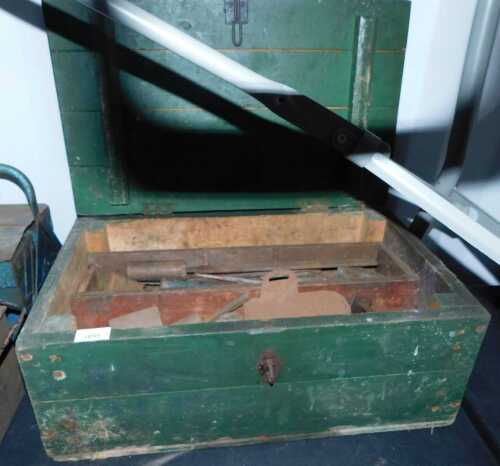 A green painted pine tool chest, 58cm wide, containing various tools, metal files, etc. (a quantity)