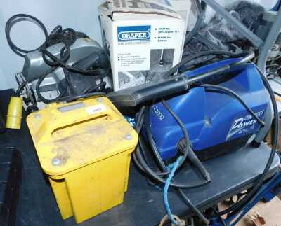 Various power tools, etc, including a two Draper submersible pumps, Draper power wash, circular saw, and a portable transformer. (a quantity)WARNING! This lot contains untested or unsafe electrical items. It is supplied for scrap or re-conditioning only. 