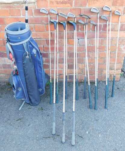 A golf bag, containing lady's right handed golf clubs, together with a golf trolley and various golf balls.