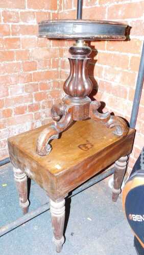 A 19thC mahogany commode, with rectangular top on turned legs, 45cm high, together with a Victorian piano stool table. (2)