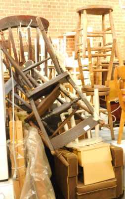 A group of furniture, to include various folding deck chairs, painted wooden stool, lath back kitchen chair, 1930s child's chair, etc. (a quantity)