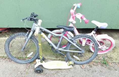 Two children's bicycles, comprising a Ridgeback RX20 Terrain mountain bike, and an Angel 16 bicycle, pink, together with a Maxi-MCRO scooter. (3)