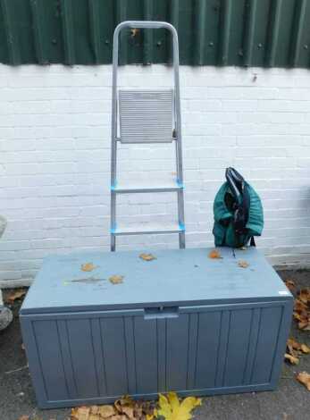 A Beldray aluminium A frame ladder, together with a plastic garden storage box, 58cm high, 113cm wide, 46cm deep, and a folding camping chair. (3)