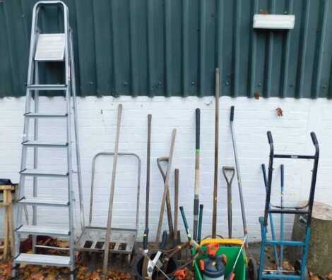 A Youngman aluminium A frame step ladder, together with various garden tools, sack barrow, etc. (a quantity)