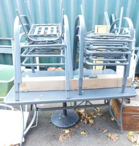 A garden set, comprising table together with six chairs, a Croft parasol, and two plastic topped tables. (10)