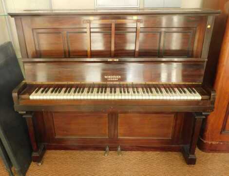 A Windover London mahogany cased upright piano, straight strung, with ivory keys, 124cm high, 140cm wide, 61cm deep. Ivory exemption license obtained.