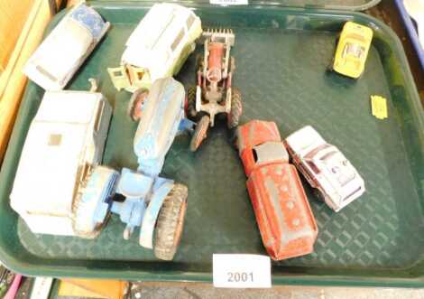 A group of playworn diecast vehicles, to include Crescent Toys tractor, Meccano car and caravan, Ford Thames caravan, etc. (1 tray)