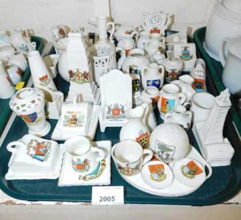 A group of crested china, to include obelisk, butter dish, Nottingham throne, golf ball, etc. (1 tray)