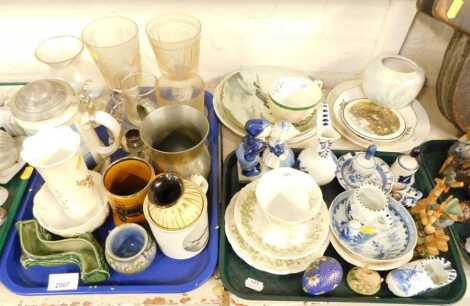 Household china and effects, comprising Royal Doulton Spring trio set, Delft style wares, Goebel Hummel figure, Davenport china Hold at 60ft tankard, Minton crystal by Webb Corbett Queen commemorative glass goblet, and a 1953 Coronation goblet. (2 trays a