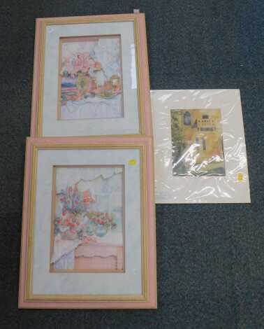 Two collage butterfly prints, and After Sheila Parkinson. Juliet and her balcony at Verona, print. (3)