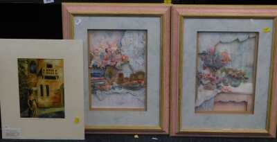 Two collage butterfly prints, and After Sheila Parkinson. Juliet and her balcony at Verona, print. (3)