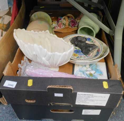 A Mason's plate, a tribal bust, Pendelfin rabbit, cuddly toys, Teddy bears, etc. (2 boxes)