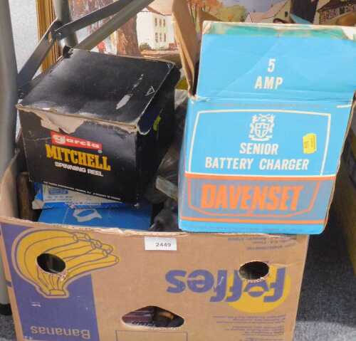 A Mitchell Garcia spinning fishing reel, a senior battery charger, saw, various files, etc. (1 box)WARNING! This lot contains untested or unsafe electrical items. It is supplied for scrap or re-conditioning only. TRADE ONLY