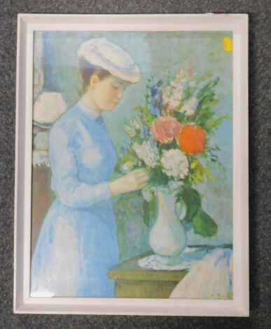 After F Gale. Floral still life with lady arranging flowers, in a white frame.