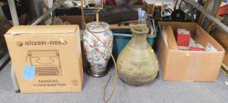 Part tea wares, a cased Silver Reed manual typewriter, Weetabix bowl, etc. (all under one table)