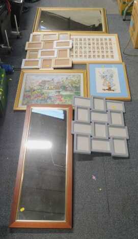 Various wall mirrors, together with Player's framed cigarette cards depicting football players, needlework tapestry, etc.