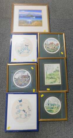 Pictures and prints, including After Mark Denman. Tractor farming scene, butterfly print, etc. (a quantity)