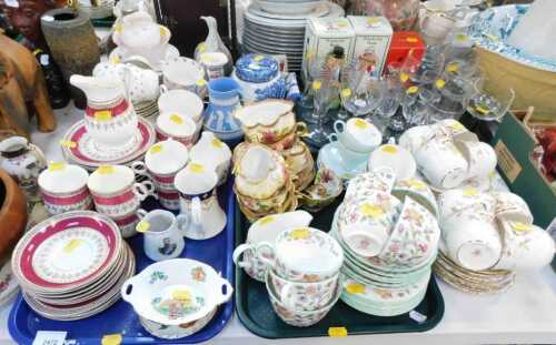 A small group of Minton Haddon Hall cups and saucers, JFB Studio pottery bird, Wedgwood blue jasperware jug and egg cup, Crescent China part tea set, two Wonderful Wade boxed figures, glassware, etc. (4 trays plus)