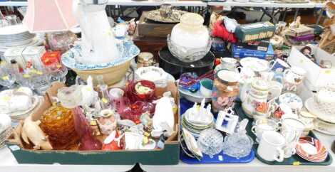 Ceramics, including Carltonware napkin rings, penguin ornament, floral posy group, wash jug and bowl set, etc, together with art glass ware, hat tin, etc. (3 trays, 1 box and loose)