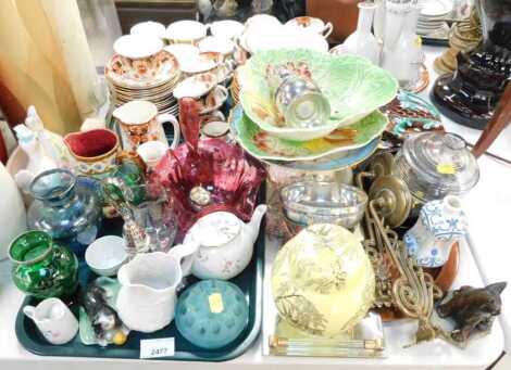 A cranberry glass flared bowl, part tea set, etc. (2 trays plus)