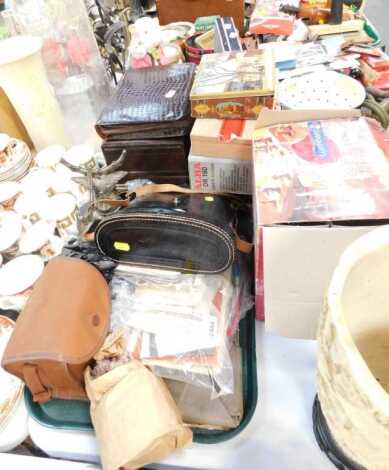 Various black and white photographs, cased Kodak box camera, binoculars, tins, Singing Hamster, oak biscuit barrels, etc. (2 trays plus)