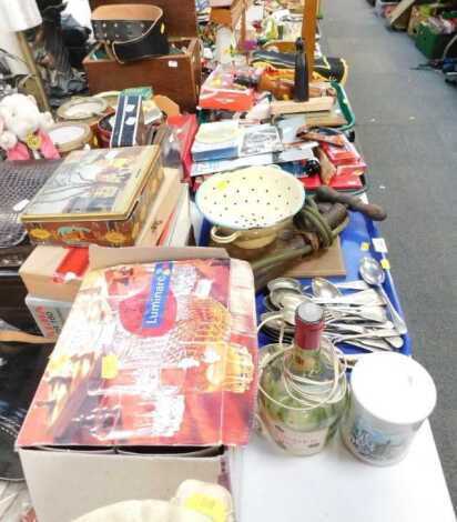 A vintage car foot pump, silver plated cutlery, sieve, treen, windmill storage box with pin badges, etc. (3 trays plus)