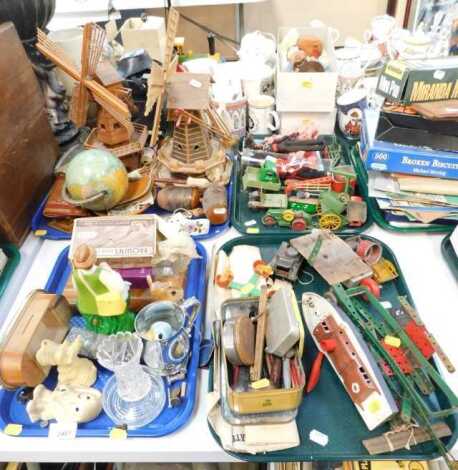 Wooden windmills, tinplate table top globe, play worn diecast vehicles, part Meccano, miniature tin tank, etc. (4 trays)