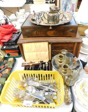 A cased set of silver plated spoons, two oak canteens of cutlery, various other silver plated wares, etc. (a quantity)