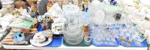 Glassware, a darts target, a stoneware bottle, a part cuckoo clock, Babycham glasses, etc. (6 trays plus)