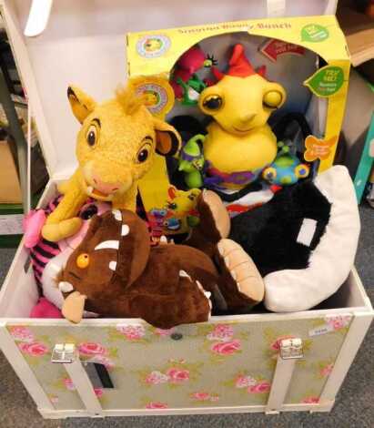 WITHDRAWN PRE SALE BY VENDOR.Soft toys, including Fisher Price Singing Buggy Brunch, boxed, The Gruffalo, TY Beanie Monstaz Zoey, battery operated Disney's The Lion King Simba, etc, in a floral storaway box.