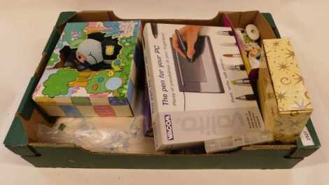 WITHDRAWN PRE SALE BY VENDOR.Ceramic Christmas decorations and sundry items, including a Wadcom writing tablet, Nintendo DS Art Academy, Crimson Pete DVD, etc. (1 box)