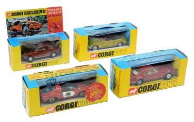 Corgi Toys boxed diecast, including 276 Oldsmobile Toronado, 338 Chevrolet SS350 Camero, 344 Ferrari 206 Deano Sport, and 341 Mini Marcos GT850. (4)