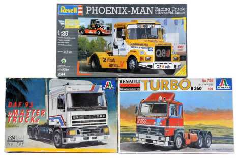 Italeri and Revell model kits, including a number 759 1:24 Renault 360 turbo, a 1:24 scale number 788 DAF 95 master truck, and a Revell 7544 1:25 scale Phoenix Man racing truck G Korber/M Santos European Champions 1991, boxed. (3)