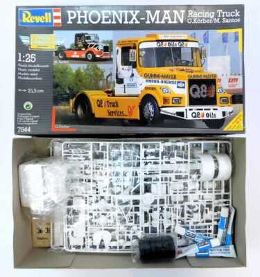 Italeri and Revell model kits, including a number 759 1:24 Renault 360 turbo, a 1:24 scale number 788 DAF 95 master truck, and a Revell 7544 1:25 scale Phoenix Man racing truck G Korber/M Santos European Champions 1991, boxed. (3) - 2