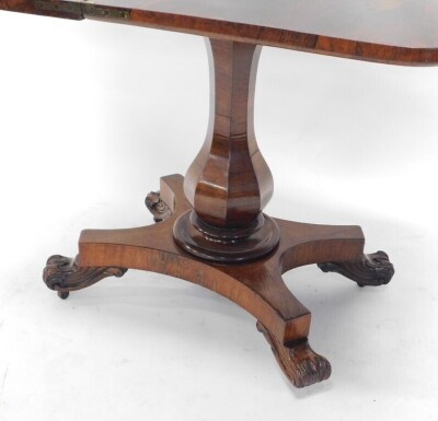 A William IV rosewood card table, the top with rounded corners, on a baluster column, concave platform and scroll legs, 92cm wide. - 3