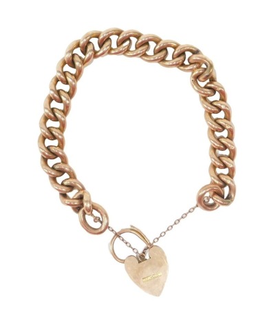 A 9ct rose gold gate bracelet, with hammered links, safety chain and heart shaped padlocks, 16cm long, 20g.