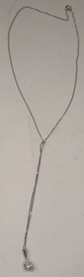 A single stone set pendant and chain, set with teardrop cut imitation diamond, in white setting stamped 9ct, 1cm high, on a fine link chain stamped 9ct, 42cm long, 1.3g all in. - 2