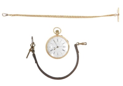 An 18ct gold 19thC pocket watch and chain, the centre second chronograph white enamel dial with Roman numerals, and blue seconds hand, with bezel wind, in an 18ct gold case stamped Chester 1894, 116.3g all in, together with an 18ct gold curb link watch ch