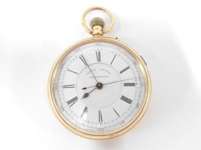 An 18ct gold 19thC pocket watch and chain, the centre second chronograph white enamel dial with Roman numerals, and blue seconds hand, with bezel wind, in an 18ct gold case stamped Chester 1894, 116.3g all in, together with an 18ct gold curb link watch ch - 3