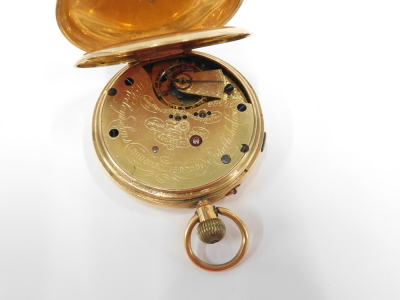 An 18ct gold 19thC pocket watch and chain, the centre second chronograph white enamel dial with Roman numerals, and blue seconds hand, with bezel wind, in an 18ct gold case stamped Chester 1894, 116.3g all in, together with an 18ct gold curb link watch ch - 4