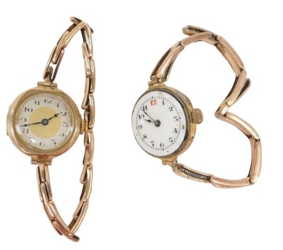 Two wristwatches, comprising a 9ct gold cased lady's wristwatch, with silvered numeric dial, on an expanding yellow metal strap, the strap unmarked, and a further 9ct gold cased wristwatch, on an unmarked yellow metal expanding strap, 37.9g all in. (2)