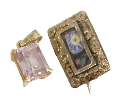 Two items of jewellery, comprising a memorial brooch, rectangular with cane flower centre, 2cm x 1cm, and a 9ct gold cased pink topaz pendant, 6.2g all in. (2)