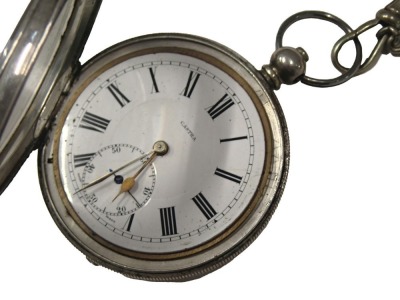 A 20thC silver pocket watch, with white enamel Roman numeric dial stamped Castra, with gold hands and seconds dial, key wind, inscribed David Chisholm 1923, maker WHS with import marks, on a steel watch chain, with key, 134.2g all in.