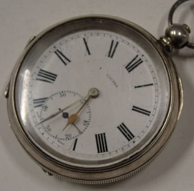 A 20thC silver pocket watch, with white enamel Roman numeric dial stamped Castra, with gold hands and seconds dial, key wind, inscribed David Chisholm 1923, maker WHS with import marks, on a steel watch chain, with key, 134.2g all in. - 2