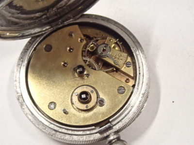 A 20thC silver pocket watch, with white enamel Roman numeric dial stamped Castra, with gold hands and seconds dial, key wind, inscribed David Chisholm 1923, maker WHS with import marks, on a steel watch chain, with key, 134.2g all in. - 3