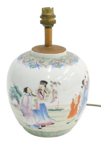 An early 20thC Chinese porcelain ginger jar, converted to a table lamp.