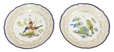 A pair of early 20thC German porcelain ribbon plates, decorated with birds with MB cross swords mark to base, 24cm diameter.