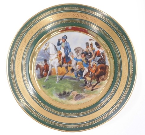 A Capodimonte style wall plate, decorated with a scene of Napoleon and his generals, 25cm diameter.